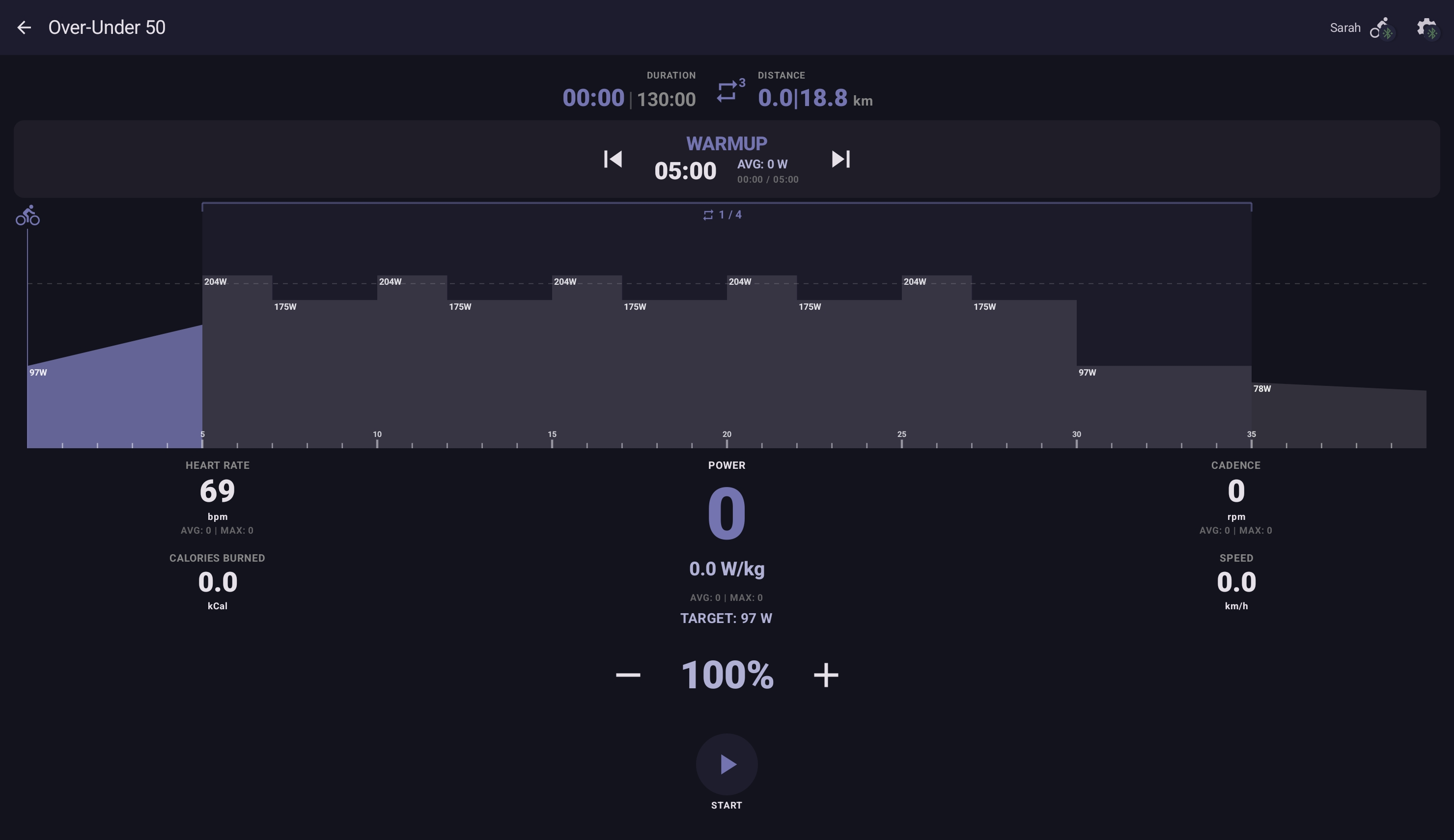 Your Trainer live dashboard showing terrain visualization with real-time power, heart rate, and cadence metrics