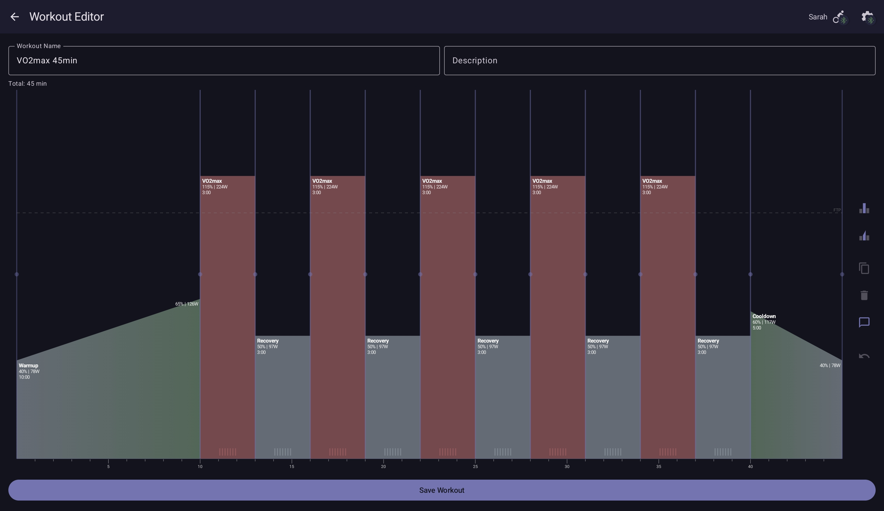 Your Trainer workout editor showing custom intervals built by the AI Workout Coach