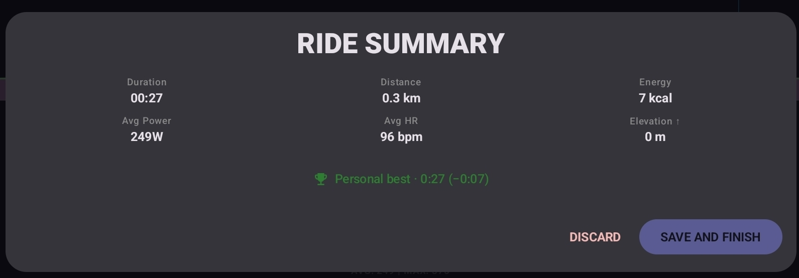 Your Trainer session-end summary showing the Personal Best card with the new best time