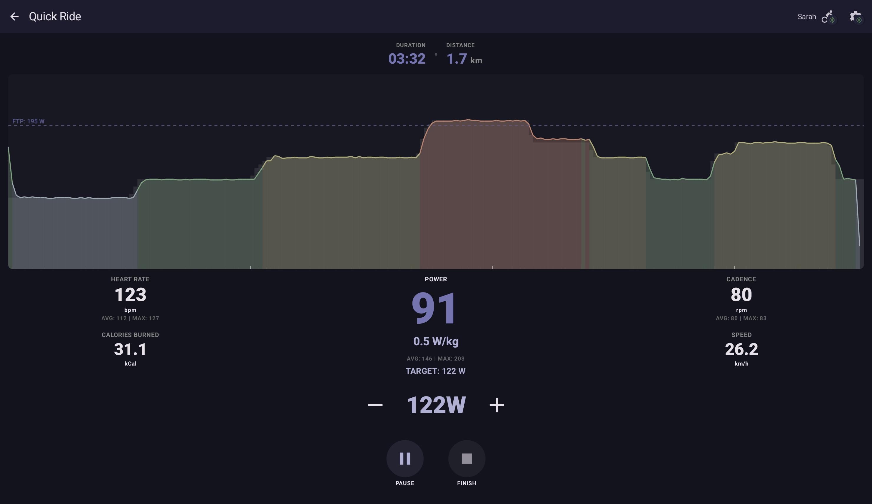 Quick Ride cockpit on the Power tab — current target wattage and the +/− power buttons visible, no prescribed-interval scaffolding