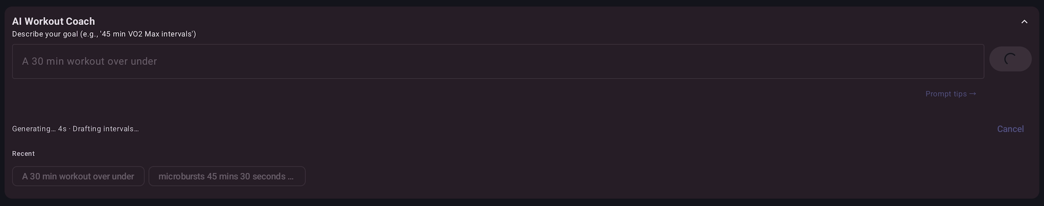AI Workout Coach prompt input on the Power workout-create screen — populated prompt with the recent-prompt chip strip visible below