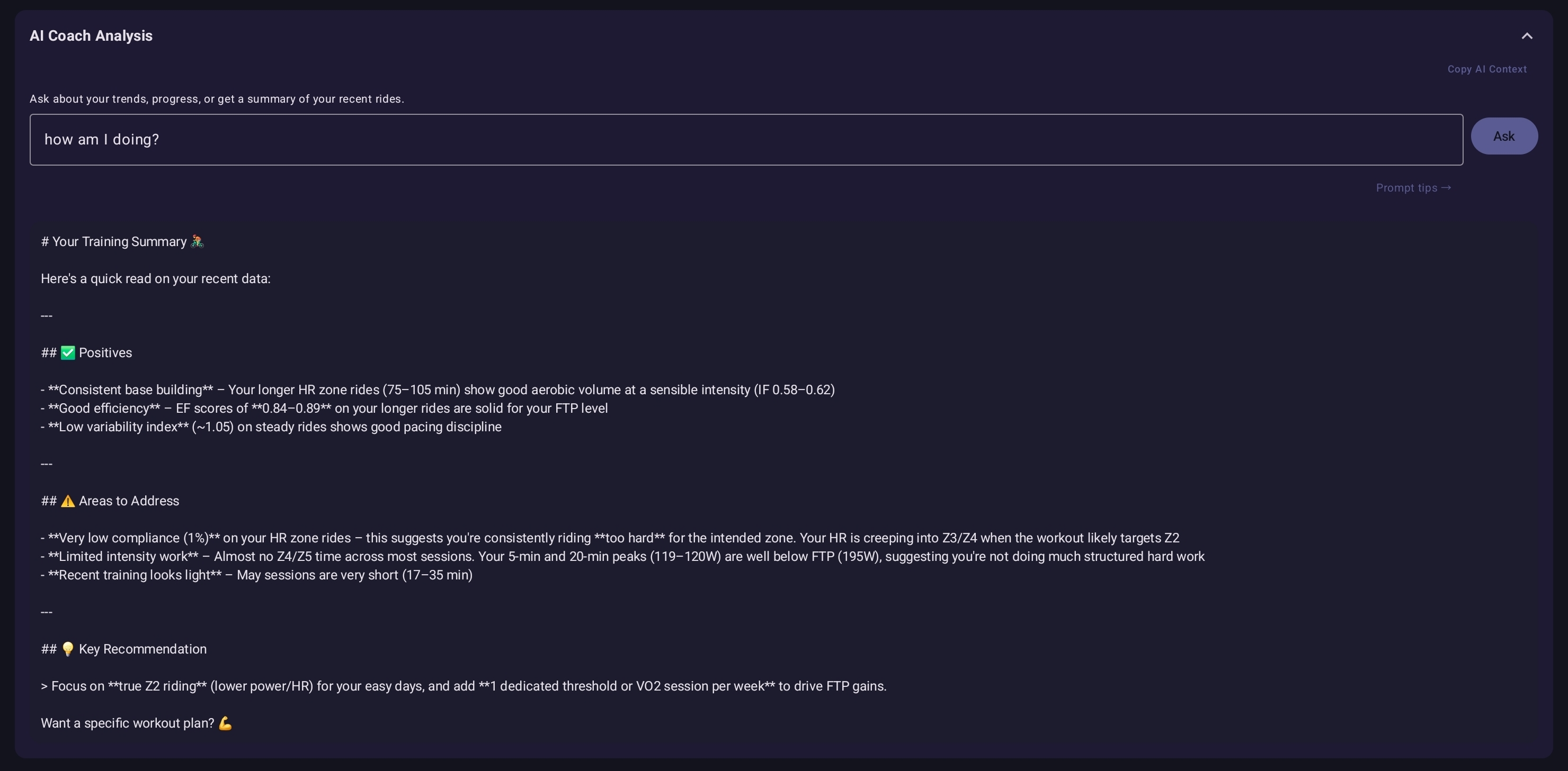Workout History screen with the Ask AI Coach input — a sample question typed and the AI's text response visible below