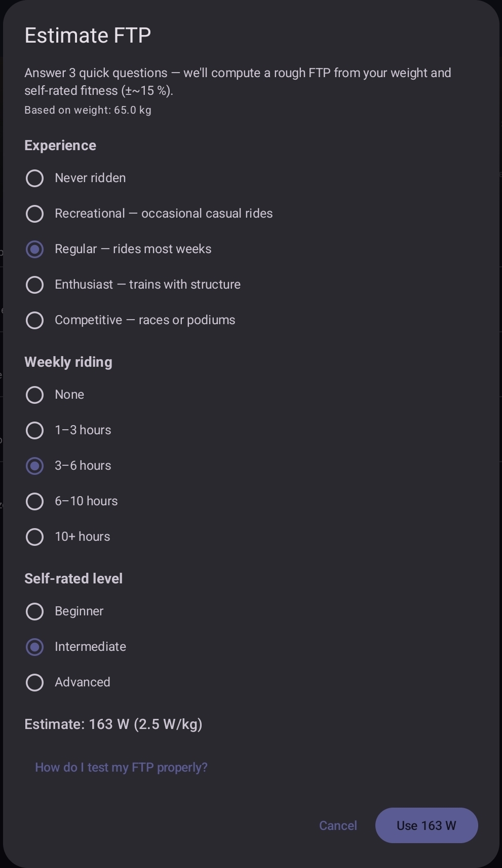 FTP estimator dialog mid-fill — three sections (experience, weekly riding, self-rated level) with the live wattage estimate