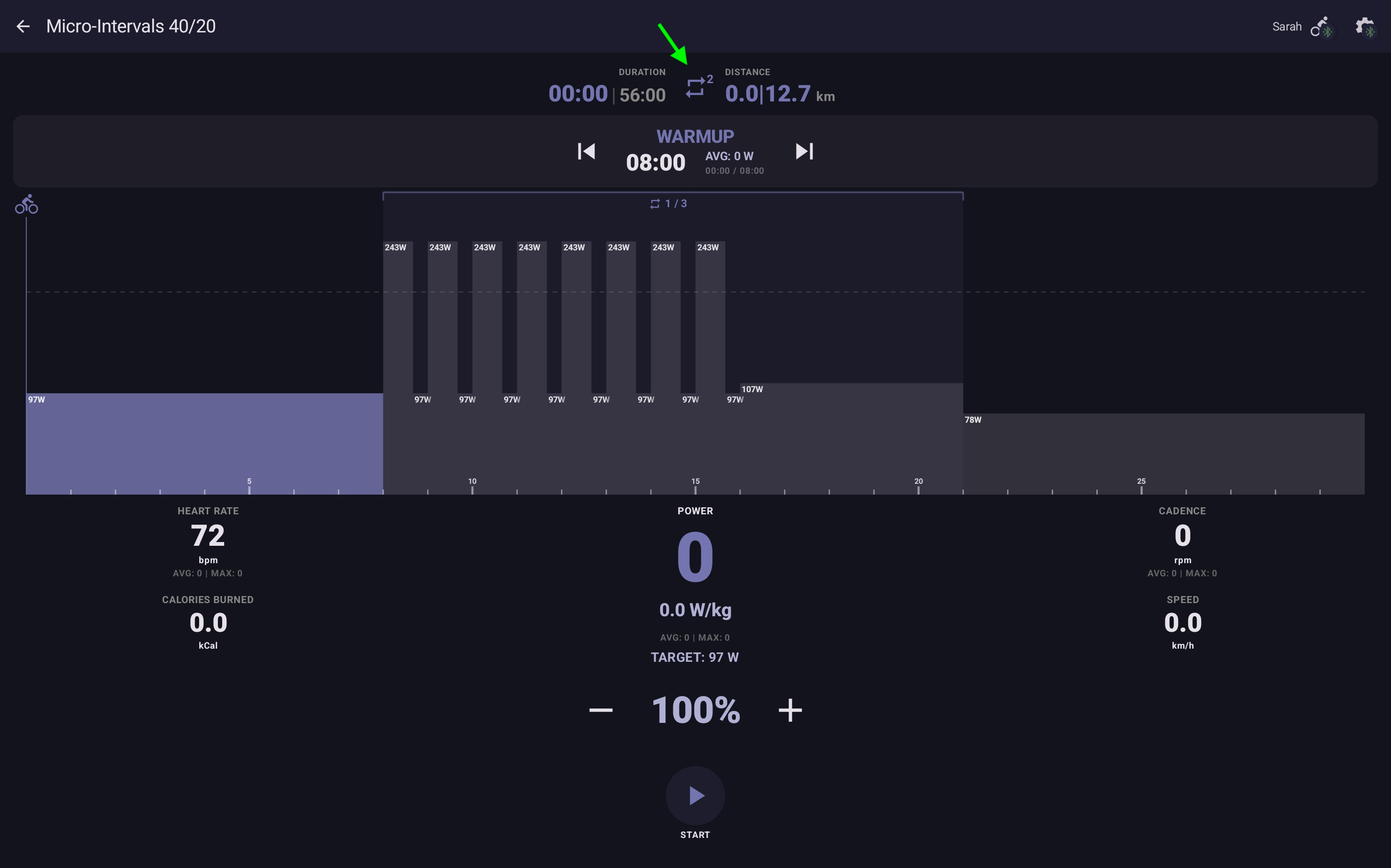 Active-workout cockpit with a callout arrow pointing at the Repeat button in the top bar; the loop indicator below the terrain visualization shows the current position in the loop