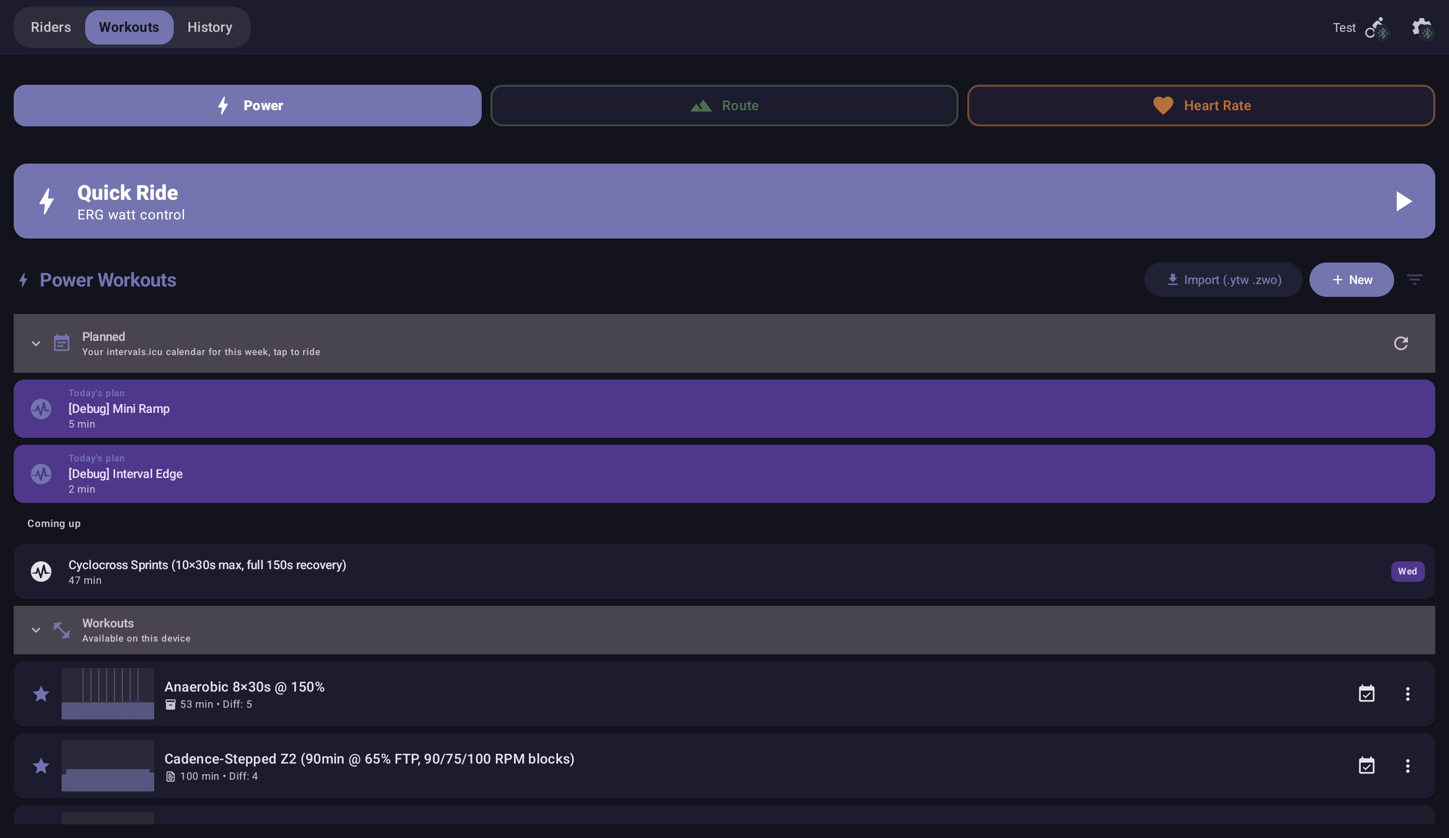 Workout-selection screen showing Today's plan and Coming up sections sourced from intervals.icu