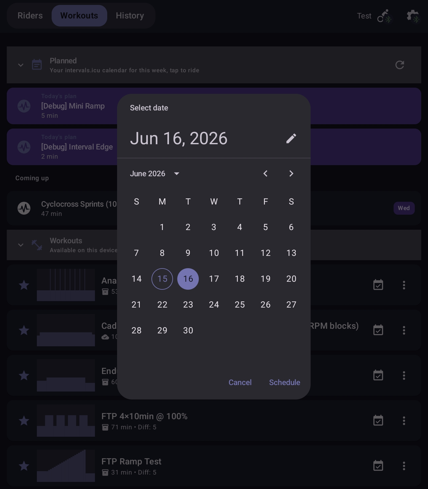 Kebab menu open on a workout row with Plan and Send actions and a date picker for scheduling